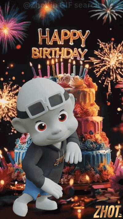 A Cartoon Character Standing In Front Of A Birthday Cake With The Words Happy Birthday Written On It GIF