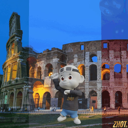 A Cartoon Character Standing In Front Of A Building That Says ' Zhut ' On It GIF