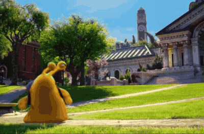 A Cartoon Character Standing In Front Of A Building With A Clock Tower In The Background GIF