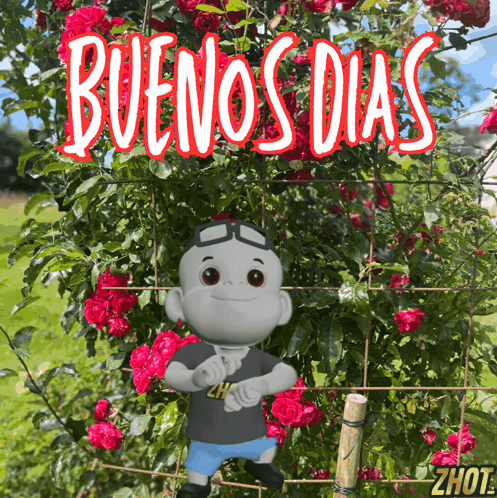 A Cartoon Character Standing In Front Of A Bush With The Words Buenos Dias Above It GIF