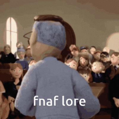 A Cartoon Character Standing In Front Of A Crowd With The Words Fnaf Lore Written On His Back GIF