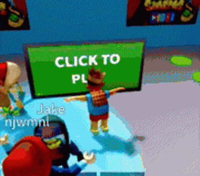 A Cartoon Character Standing In Front Of A Screen That Says Click To Play GIF