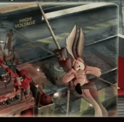 A Cartoon Character Standing In Front Of A Sign That Says High Voltage GIF