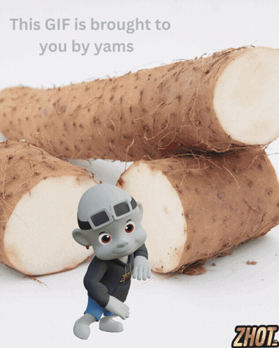 A Cartoon Character Standing In Front Of Yams With The Words This Gif Is Brought To You By Yams Behind Him GIF
