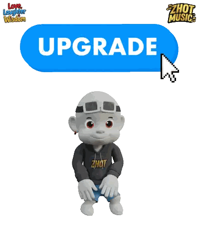 A Cartoon Character Standing Next To A Blue Upgrade Button Sticker