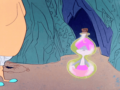 A Cartoon Character Standing Next To A Bottle With A Pink Liquid Inside GIF
