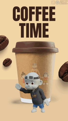 A Cartoon Character Standing Next To A Coffee Cup That Says Coffee Time On It GIF