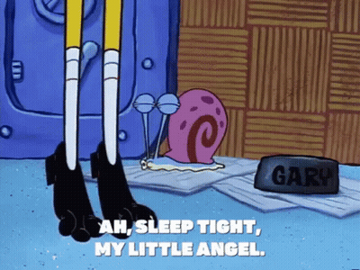 A Cartoon Character Standing Next To A Dog Bowl That Says Gary GIF