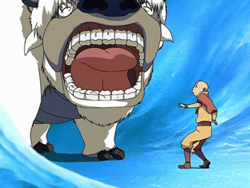 A Cartoon Character Standing Next To A Large Animal With Its Mouth Wide Open GIF