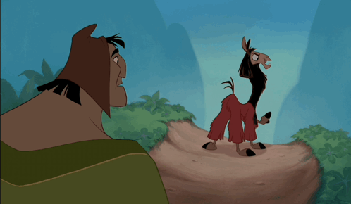 A Cartoon Character Standing Next To A Llama GIF