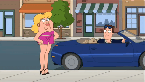 A Cartoon Character Standing Next To A Man In A Car GIF