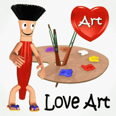 A Cartoon Character Standing Next To A Palette With Brushes And A Red Heart That Says Art GIF