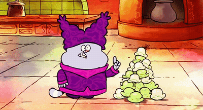 A Cartoon Character Standing Next To A Pile Of Ice Cream Cones GIF