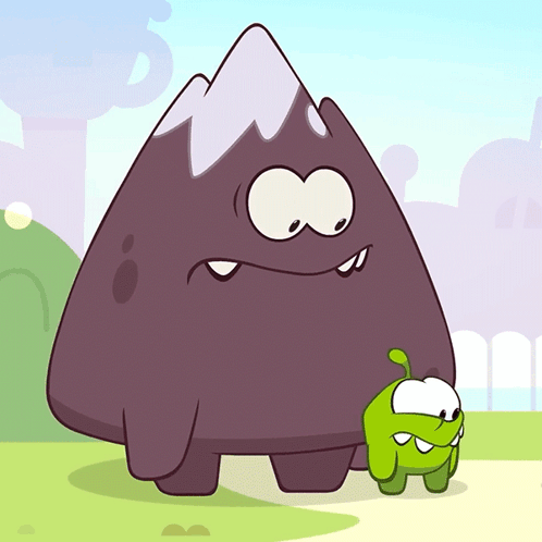 A Cartoon Character Standing Next To A Smaller Character With A Mountain In The Background GIF