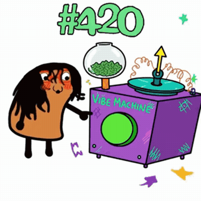 A Cartoon Character Standing Next To A Vibe Machine That Says # 420 GIF