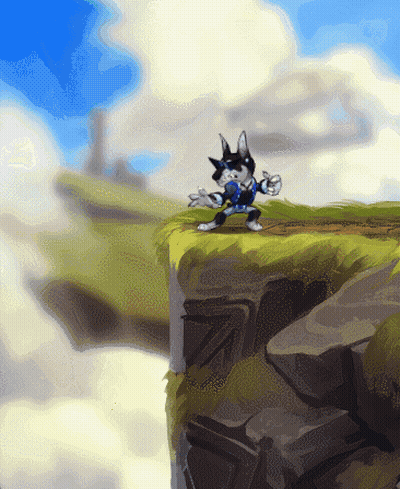 A Cartoon Character Standing On A Cliff With A Blue Shirt On GIF