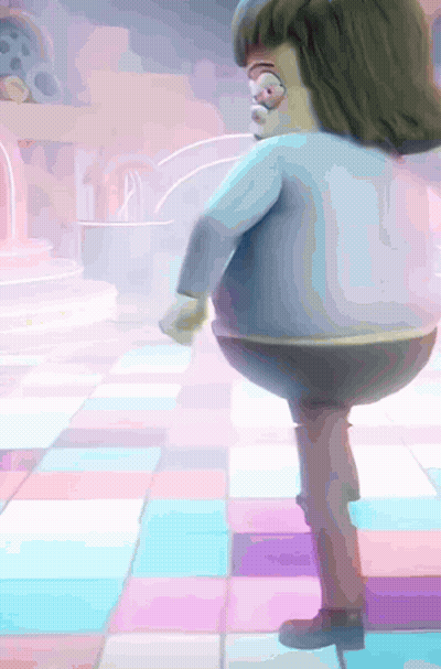 A Cartoon Character Standing On A Colorful Tiled Floor GIF