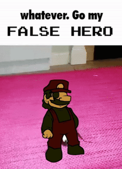 A Cartoon Character Standing On A Pink Rug With The Words " Whatever Go My False Hero " Below Him GIF