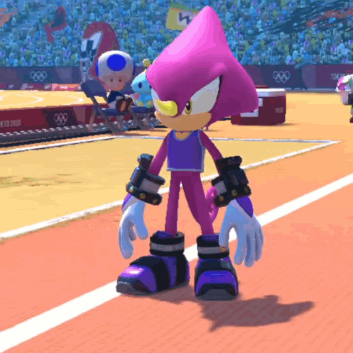 A Cartoon Character Standing On A Track With A Sign That Says Tokyo 2020 On It GIF