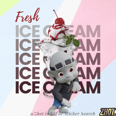 A Cartoon Character Stands In Front Of A Bowl Of Ice Cream With The Words Fresh Ice Cream Behind Him GIF