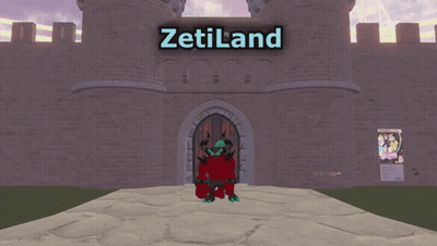 A Cartoon Character Stands In Front Of A Castle With A Sign That Says Zetiland On It GIF