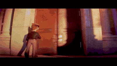 A Cartoon Character Stands In Front Of A Door That Is Open GIF