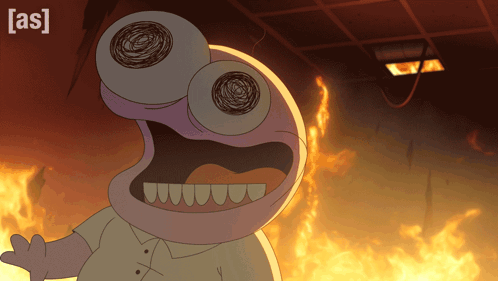 A Cartoon Character Stands In Front Of A Fire With The Letters [ As ] Visible GIF