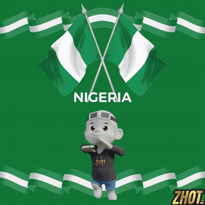 A Cartoon Character Stands In Front Of A Green Background With Flags And The Word Nigeria GIF