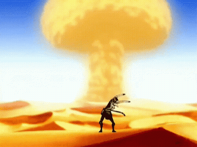 A Cartoon Character Stands In Front Of A Large Explosion In The Desert GIF