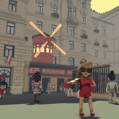 A Cartoon Character Stands In Front Of A Moulin Rouge Building GIF
