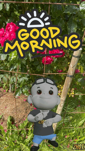 A Cartoon Character Stands In Front Of A Sign That Reads " Good Morning " GIF