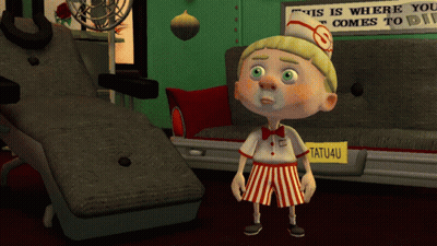 A Cartoon Character Stands In Front Of A Sign That Says " This Is Where You Comes To Play " GIF