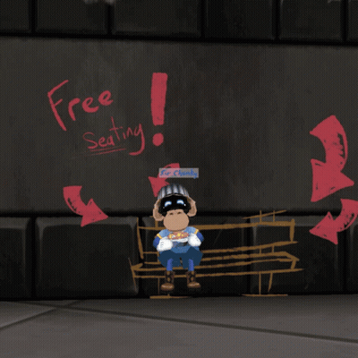 A Cartoon Character Stands In Front Of A Wall That Says Free Seating On It GIF
