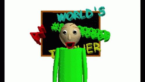 A Cartoon Character Stands In Front Of A World 'S Teacher Sign GIF