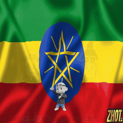 A Cartoon Character Stands In Front Of An Ethiopian Flag With The Word Zhot On The Bottom Right GIF