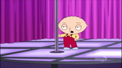 A Cartoon Character Stands On A Pole In Front Of A Purple Curtain GIF