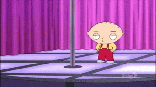 A Cartoon Character Stands On A Pole In Front Of A Purple Curtain GIF