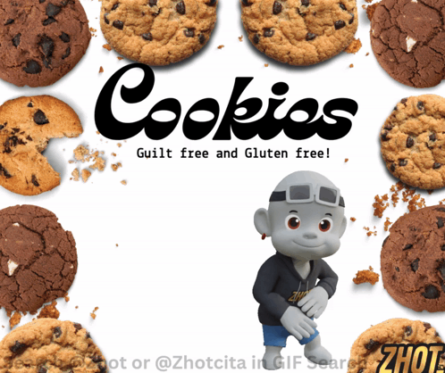 A Cartoon Character Surrounded By Cookies With The Words Cookies Guilt Free And Gluten Free GIF