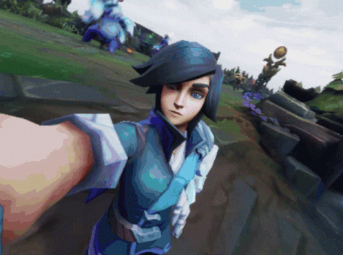 A Cartoon Character Taking A Selfie With A Sword GIF