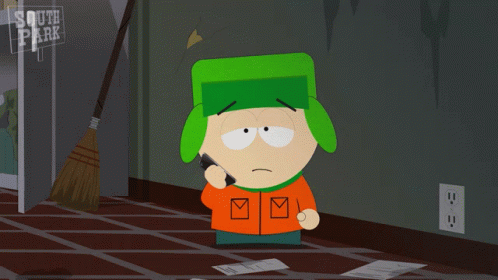 A Cartoon Character Talking On A Cell Phone In Front Of A Sign That Says South Park GIF