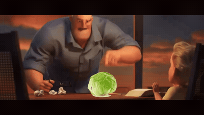 A Cartoon Character Talking To A Child With A Cabbage On The Table GIF