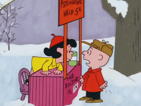 A Cartoon Character Talking To A Woman Behind A Psychiatric Help 54 Sign GIF