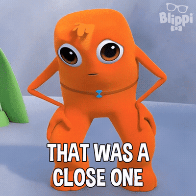 A Cartoon Character That Says That Was A Close One On It GIF