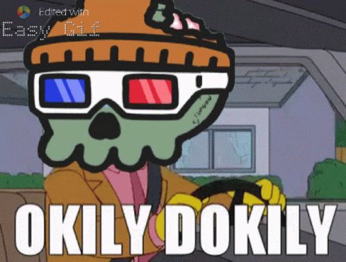 A Cartoon Character Wearing 3D Glasses Is Driving A Car And Says Okily Dokily GIF
