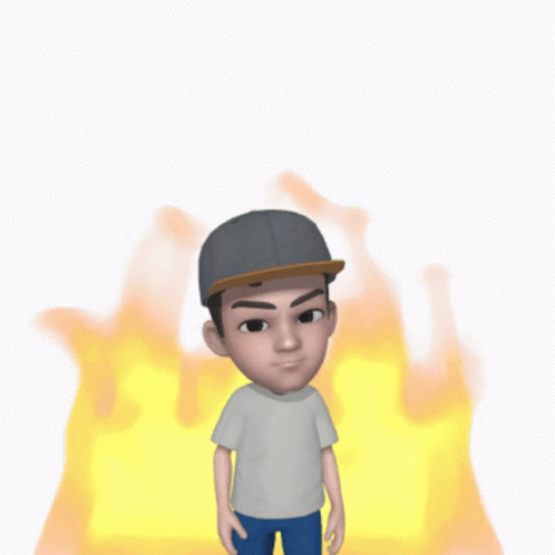 A Cartoon Character Wearing A Baseball Cap Stands In Front Of A Yellow Fire GIF