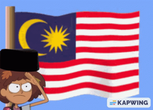 A Cartoon Character Wearing A Black Hat Salutes In Front Of An American Flag And A Kapwing Logo GIF