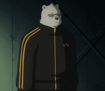 A Cartoon Character Wearing A Black Jacket With Yellow Stripes GIF