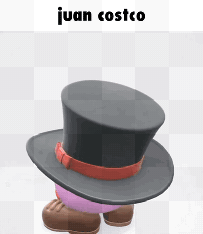 A Cartoon Character Wearing A Black Top Hat With Juan Costco Written Above It GIF