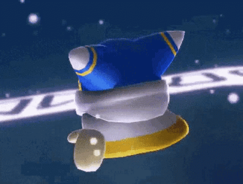 A Cartoon Character Wearing A Blue And White Hat Is Flying Through The Air GIF