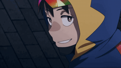 A Cartoon Character Wearing A Blue And Yellow Hoodie And A Rainbow Colored Goggles GIF